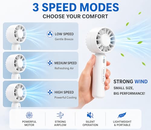 Image of Portable Mini Handheld Fan | Rechargeable Hand Fan with 3 Speed, low noise USB Type-C Rechargeable Fan | Long Battery | Strong Wind | For Home Office Travel for Indoor and Outdoor Use