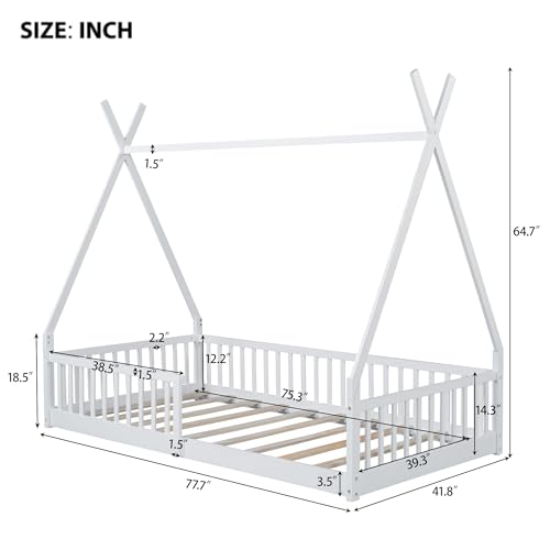 Bellemave Twin Size White Floor Bed with Guardrail