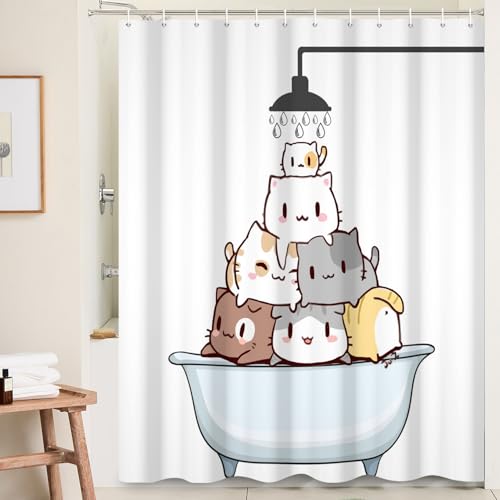 Ttincceer 180x180cm Mignon Chat Rideau de Douche - Dessin Animé Chat dans Baignoire - Étanche Drôle Animal Animaux de Compagnie Rideau de Bain Lavable