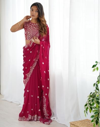Image of Satrani Women's Shimmer Chiffon Dual Tone Scalloped Border Sequins Embroidery Saree with Unstitched Blouse Piece