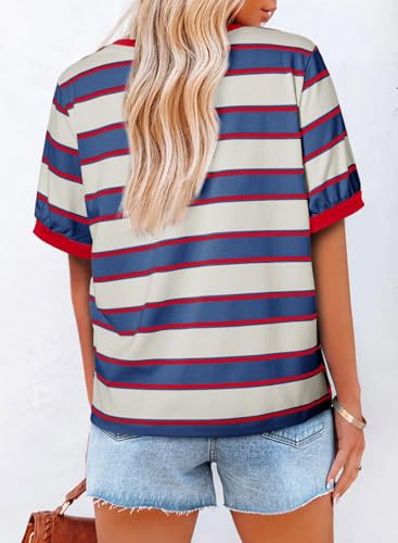 Dokotoo Womens Summer Tops 2025 Striped Color Block Short Sleeve T-Shirts Crewneck Casual Loose Basic Tee Blouses2