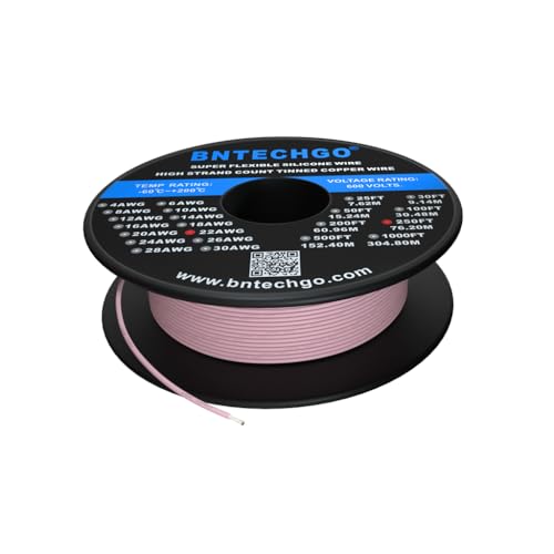 Fil de silicone 22 AWG souple rose de 250 pieds et fil de cuivre étamé 60 brins