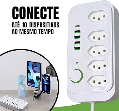 Régua de Energia Premium com 5 Tomadas, 4 USB e 1 USB-C - 2 Metros - 2500W (110-220V)
