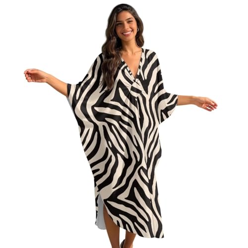Vestido de playa de verano con cuello en V y diseño de manga murciélago holgado y cómodo
