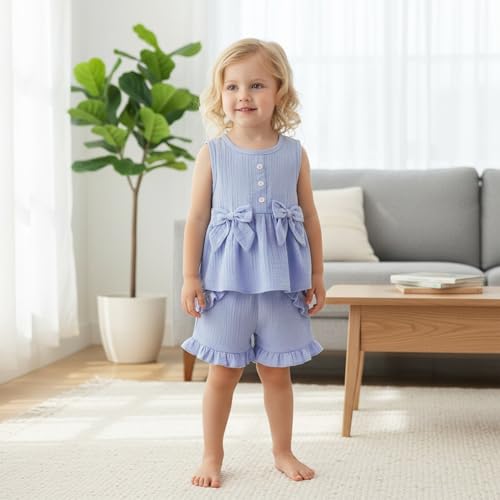 Image of Toddler Girl Clothes Sleeveless Top Shorts 2Pc Summer Outfit 12M-5T | 100% Cotton, Soft breathable, Double crepe fabric, Adorable bow ruffle pocket design, Perfect for daily wear, birthday, party