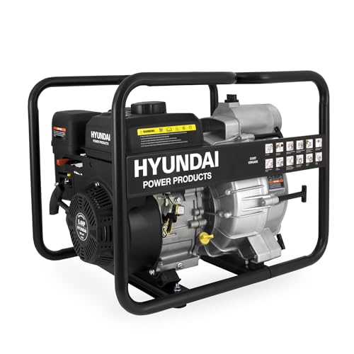 HYUNDAI Benzin Schmutz-Wasserpumpe GWP57648 – 5.4 PS, 4-Takt Motorpumpe, 45.000 l/h Förderleistung, 25 m Förderhöhe, mobile Gartenpumpe für Entwässerung & Bewässerung
