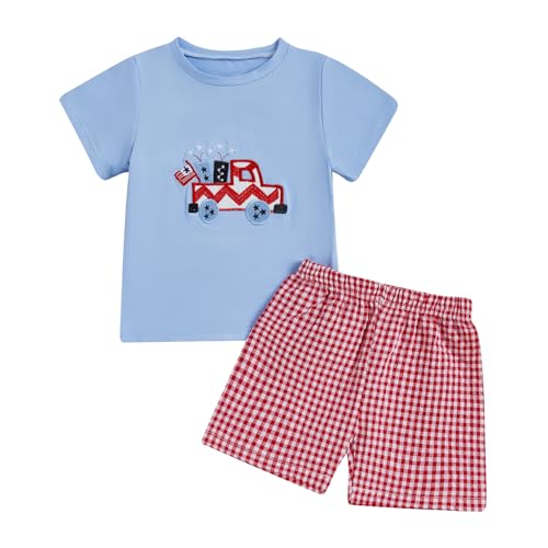 Image of Kayotuas Fourth Of July Toddler Boy Outfit Baby American Flag Clothes Patriotic Shirt Striped Gingham Shorts 2Pcs Summer Sets