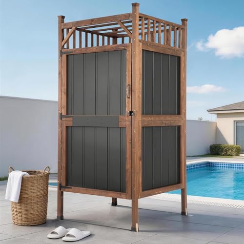 tianhong Outdoor Shower Enclosure with Lockable Door Solid Wood Frame & Metal Panels Hooks & Shelves Weatherproof Privacy Shower Stall for Pool Beach & Backyard 85.8 H x 39.7 W x 39.7 L