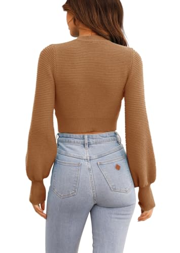 Image of Womens Sexy Crew Neck Cropped Sweaters Knit Long Sleeve Crop Tops Pullover | Ribbed Knit, Long Sleeve, Crop Tops, Pullover,Crew Neck