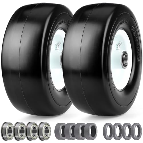 9x3.50-4 Flat Free Lawn Mower Tires Flat Free Tires and Wheel With 5/8 or 3/4 Precision Bearings and 3.5-4.4 Center Hub Solid Smooth Tire for Zero-Turn LawnmowersLoad 265lbs 2 Pack White