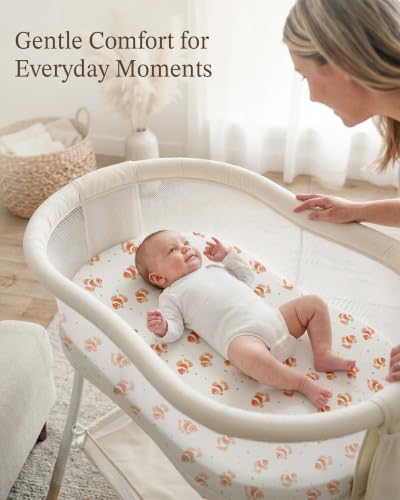 Image of Bassinet Sheets for Baby Girls Boys 2 Pack, Fitted Baby Mattress Sheet for Rectangle, Oval, Hourglass Bassinet Mattress, Breathable Cozy & Universal Fit (Nemo Dots, Bassinet Sheet)