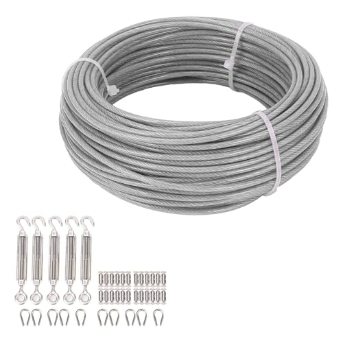 Kit de cable de acero inoxidable 304 de 1/8 pulg con tensores de gancho y ojo, 100 pies miniatura 3