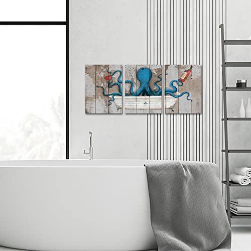 Sechars 3 Piece Canvas Wall Art Blue Octopus On Vintage Wood Background Painting Art Print Marine Life Sea Animal Picture Poster Framed Modern Bathroom Bedroom Wall Decoration (12"X16"X3Pcs) #TOP3