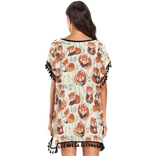 Robe de plage ample à pompons imprimé panda rouge original