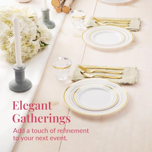 Prestee 600-Piece Disposable Party Dinnerware Set for 100 Guests - Gold Silverware Disposable with Plates, Cups, Knives, Forks, Spoons - Elegant Utensils for Wedding, Reception and Events Supplies