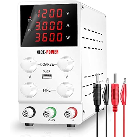 NICE-POWER DC Power Supply Variable 120V 3A, 4 Digital Display Adjustable Regulated Switching DC Lab Bench Power Supply with 5V/2A USB Charging Port Cover
