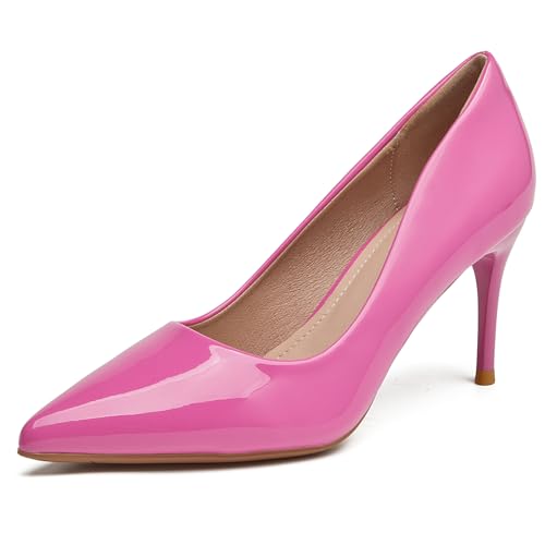 WUIWUIYU Women's Mid Kitten Heels Shiny Lovely Colors Pointed-Toe Dress Work Wedding Pumps Bridal Heeled Court Shoes Size 2 Pink