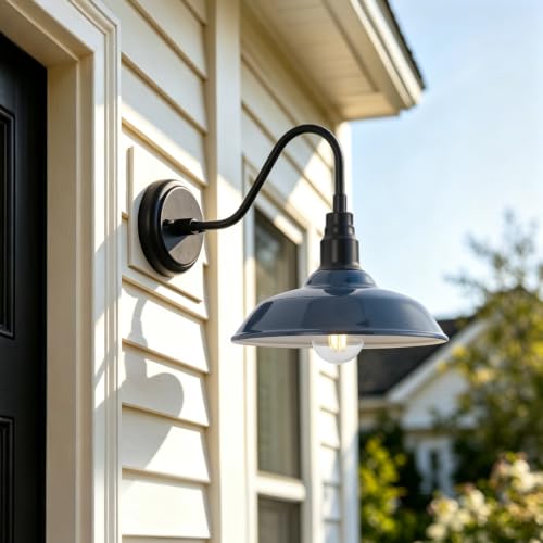 Image of 10 Inch Dome Gooseneck Lights Outdoor, Indigo Blue Exterior Barn Light for House, Outdoor Farmhouse Lights Fixture, Outside Wall Sconce Lighting for Porch, Garage, Front Door