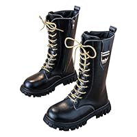 Kids Girls Mid-Calf Boots With Side Zipper, Winter Faux Patent Leather School Boots Lace-Up Punk Gothic Riding Booties Non-Slip Shoes Waterproof Winter Footwear