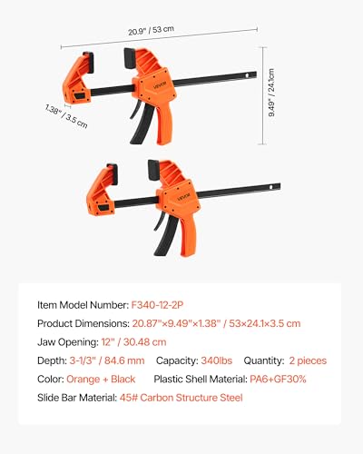 Image of VEVOR Bar Clamps for Woodworking, 2-Pack 12 inch One-Handed Clamp /Spreader, Quick-Grip F-Clamp with 340 lbs Load Limit, Premium Plastic and Carbon Steel, for Woodworking Metal working, Orange + Black