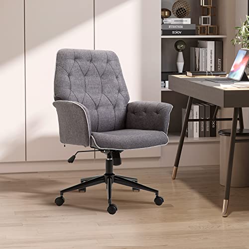 Vinsetto Modern Mid-Back Tufted Linen Home Office Desk Chair With Adjustable Height, Swivel Adjustable Task Chair With Padded Armrests, Dark Grey #TOP1