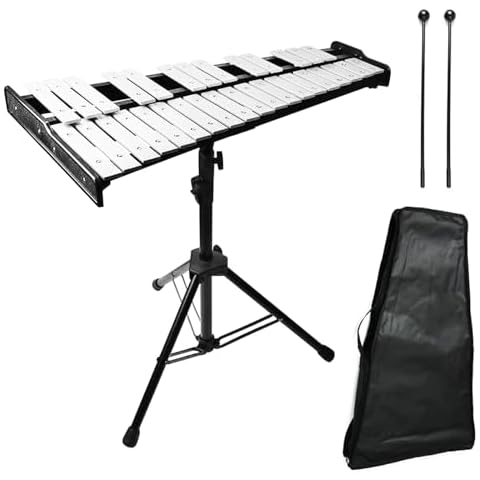 Julymoda 32 Note Glockenspiel Xylophone Bell Kit,Percussion Instruments With Adjustable Height Stand,Glockenspiel Stick,Mallets And Carrying Bag,Xylophone Bell Percussion Instruments For Adult (black) Cover