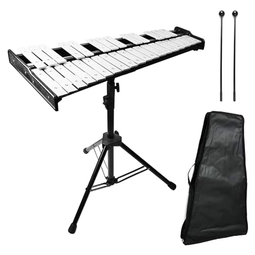 Julymoda 32 Note Glockenspiel Xylophone Bell Kit, Percussion Instruments for Music Teaching with Adjustable Stand, Mallets and Carrying Bag, Professional Xylophone Bell for Adults & Students(black)