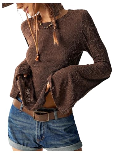 RoseSeek Women's Knit Lace Bell Sleeve T Shirt Crew Neck