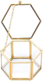 Homtone Glass Vintage Jewelry Box Golden Hexagon Ring Display Jewelry Organizer Keepsake Case Home Decorative Box for Storage Trinket Ring Earring(Small-8 * 4.7 * 7cm)