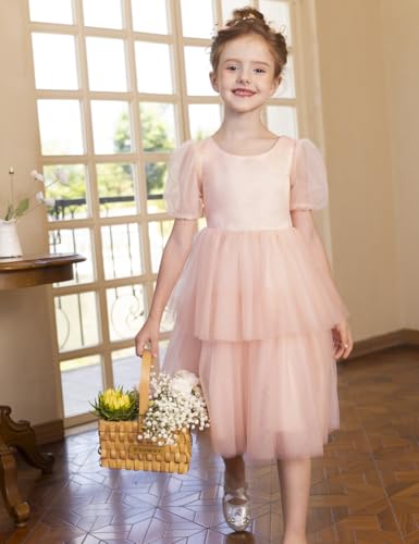 Girls Puff Short Sleeves Satin Tulle Flower Girl Dresses for Wedding Party Crewneck Layers Pageant Birthday Midi Dress4