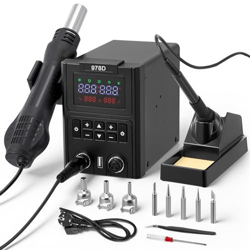 Estacion de Soldadura, 2 en 1 Soldador Aire Caliente y Soldador Estaño con Control de Temperatura Preciso, Pantalla LED, Estacion Soldadura para Electrónicos, Proyectos de bricolaje, Reparación