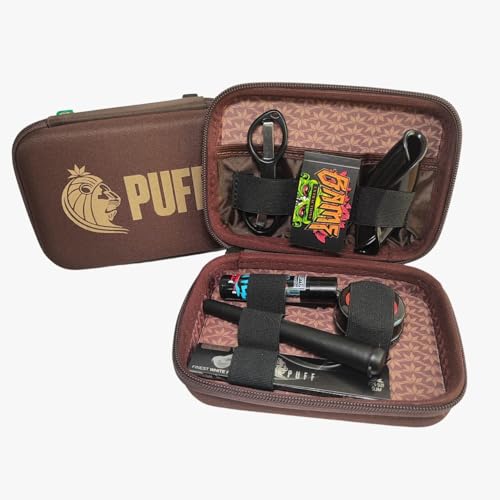 Puff Life Estojo Case Premium com 7 Itens Essenciais, Marrom, Kit Completo com Tesoura, Seda, Piteira, Mocó