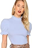 Shasmi Top plisado de poliéster para mujer y niña, cuello alto, manga corta abullonada, busto fruncido, sólido, corte regular, azul celeste, S