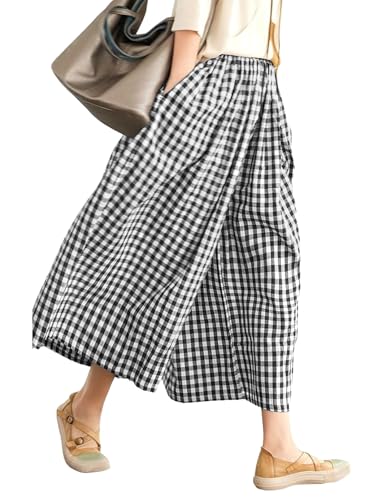 LOMON Womens Wide Leg Capri Pants Cotton Gingham Plaid Culottes Summer Elastic Waist Palazzo Trousers Bottoms with Pockets