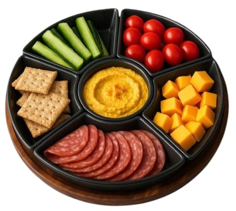 Lazy Susan Rotating, Revolving Dip Set Snack Bowl Serving Platter with 6 Ceramic Dishes Dips, Snacks & Appetisers | Snack Dishes with Turntable | M&W (Black)