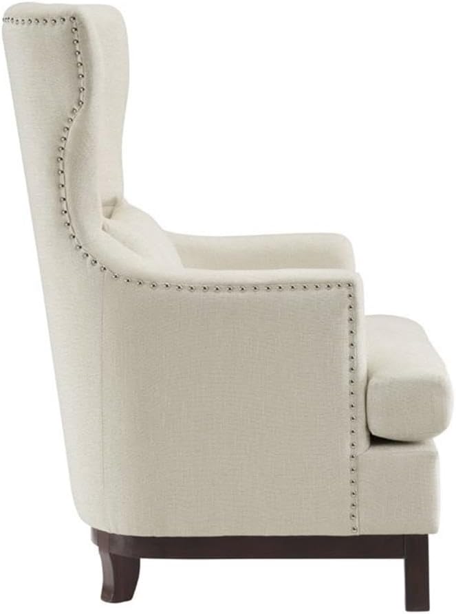 Pemberly Row Wingback Accent Chair, Beige Textured Fabric Upholstery, Solid Wood Frame, Espresso Finish, Button-Tufted Back, Nailhead Trim, Lumbar Pillow Included, 45.5" H x 31.5" W x 32.5" D