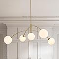 PAKOKULA Gold Modern Chandelier 5-Light Glass Globe Ceiling Light Fixtures Mid Century Modern Sputnik Chandelier for Dining Room Kitchen Island Bedroom Living Room