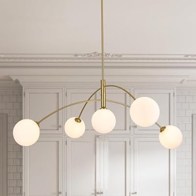 PAKOKULA Gold Modern Chandelier 5-Light Glass Globe Ceiling Light Fixtures Mid Century Modern Sputnik Chandelier for Dining Room Kitchen Island Bedroom Living Room