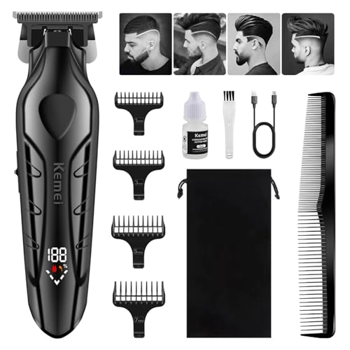 KEMEI 2269 - Cortapelos para hombre profesional, recortadora de hoja en T cero huecos, recortadora eléctrica de peluquería, cortadora de pelo inalámbrica, recortadora de barba recargable con pantalla