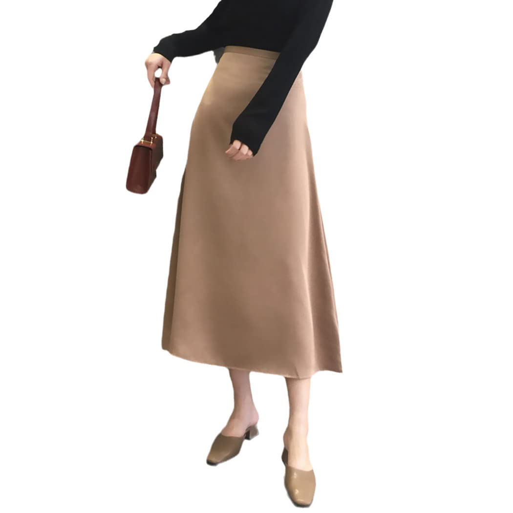 Jupe d'été élégante en satin pour femme - Uni - Vintage - Taille haute - Pour le bureau et les fêtes, kaki, 52