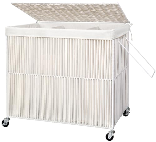 WOWLIVE Laundry Hamper with Wheels, 160L Handwoven Rolling Laundry Basket 3 Section with Lid, Clothes Hamper with 3 Removable Liner Bags, Large Laundry Sorter Laundry Room Organization, Creamy White by WOWLIVE - Used condition - US$59.82