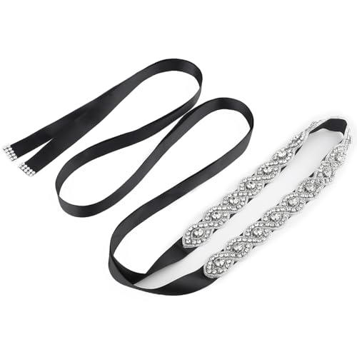 Bridal Belt Handcrafted Rhinestone Wedding Dress Belt, Glitter Crystal Belt with Black Ribbon Belt for Formal Dress, Bride Dress, Party Holiday Celebration(Style 2)