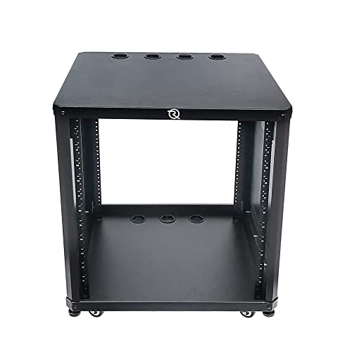Riveco Pomu 12U Network & Stereo Rack With Caster Wheels, Rolling Server Rack Open Cabinet For 19-Inch Audio Video Musical & It Equipment Mounting, Round & Square Holes, Build In Handles Heavy Duty #TOP2