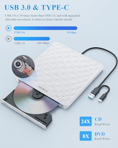 Image of External CD /DVD Drive for Laptop, Ultra Slim 13mm USB 3.0 Type-C Portable DVD Player CD Burner Reader Writer Recorder for Desktop PC Windows 11 /10 /8 /7 Linux Mac OS, White