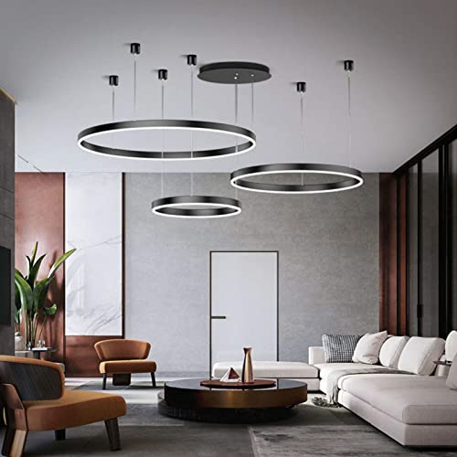 Lustre LED moderne plafonnier suspension dimmable télécommande anneaux métal