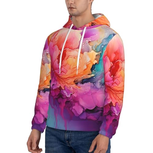 Men's Fleece Pullover Hoodie Long Sleeve Hooded Colorful Watercolor Painting Sweatshirt Casual Shirts With Pockets Small Black3