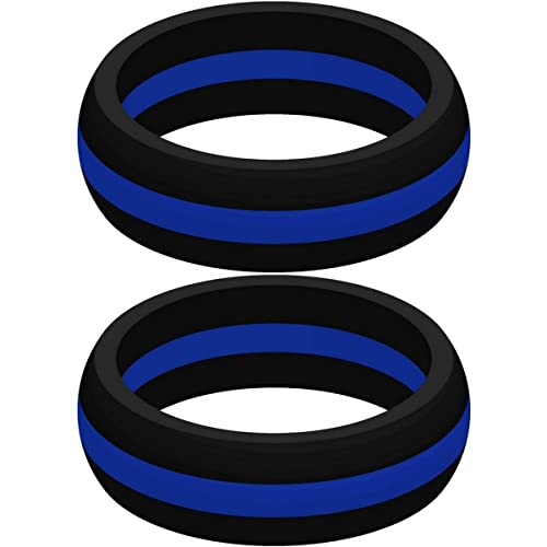 Set of Two (2) Thin Blue Line Silicone Rings Size 10 - Engagement Wedding Replacement Band for Active and Workout Lifestyles - Police Law Enforcement Ring