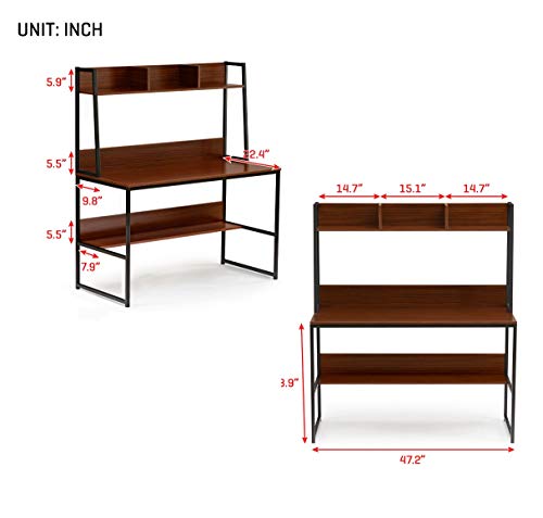 Rhomtree Computer Desk with Hutch and Bookshelf Home Office Desk PC Laptop Workstation Study Writing Table with Metal Frame (Brown)