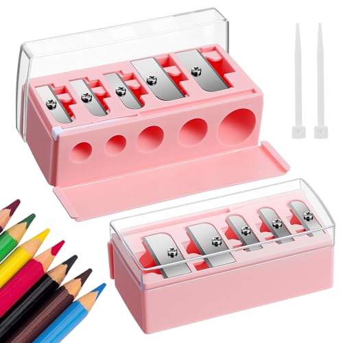 2 Pack Makeup Pencil Sharpener, 5 Hole Cosmetic Sharpener with Lid, Dual Holes Manual Tool for Eyeliner Eyebrow Lip Pencils - Portable Travel Beauty Accessories (Pink)