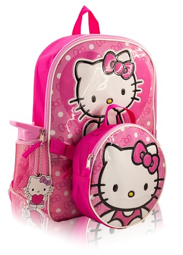 Fast Forward Hello Kitty Backpack Set for Girls | 4-Piece Travel Daypack Backpack Featuring Hello Kitty | Backpack Lunch Bag Water Bottle Accessory Set | Ages 3+